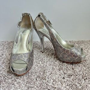Guess Silver Sequin Leopard Print Heels